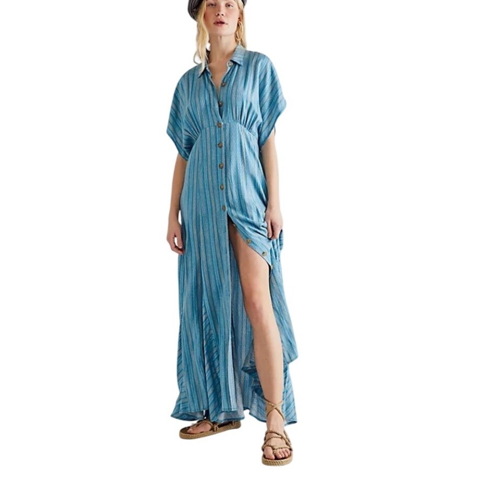 Free People Rowan Maxi Boho Blue Striped Button Front Shirt Dress Large